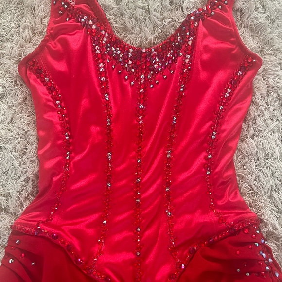 Red satin Swarovski figure skating dress - Picture 2 of 7